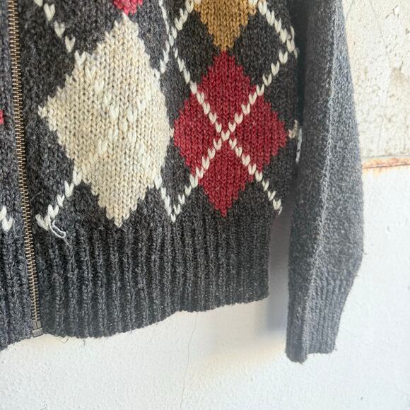 Y2K Argyle Cardigan Full Zip Collared Sweater Gray Red Mustard Preppy Academia L - Picture 5 of 8